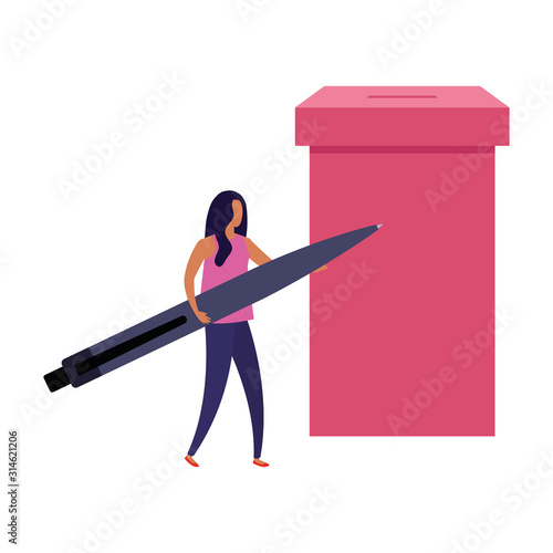 business woman with ballot box and pen vector illustration design