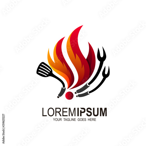vintage grilled barbecue logo, retro BBQ vector, fire grill food and restaurant icon, Red  fire icon
