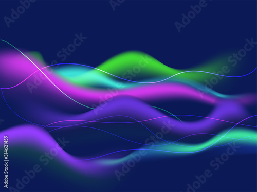 Colorful waves with blur effect on blue background.