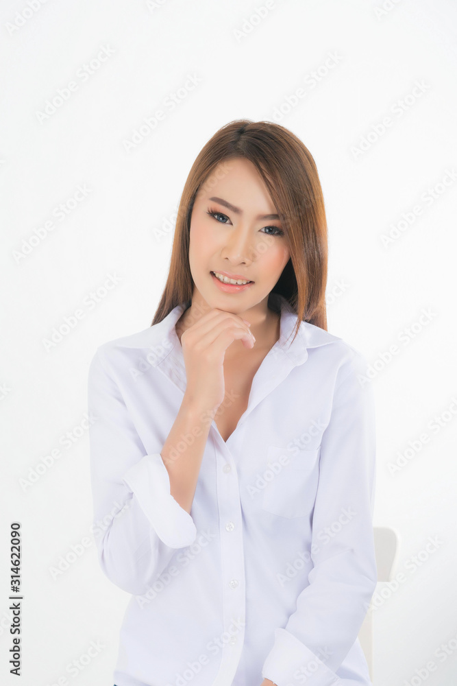 Asian woman portrait with perfect skin and wearing a white shirt in profile isolated on white background. Asian woman portrait with perfect skin and wearing a white shirt in profile isolated on white background.