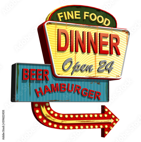 Diner old signage,vintage metal sign.