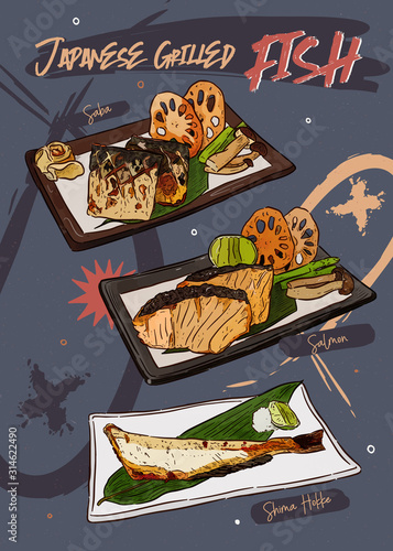 Set of Japanese grilled fish steak. hand draw sketch vector.