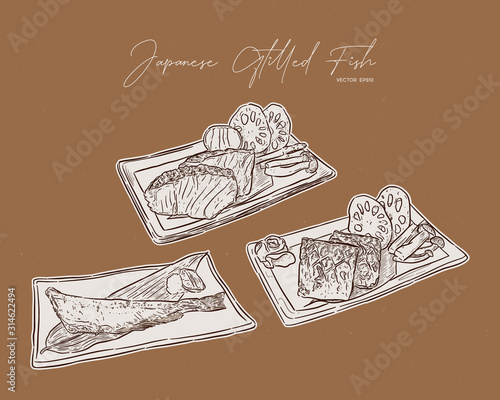 Set of Japanese grilled fish steak. hand draw sketch vector.