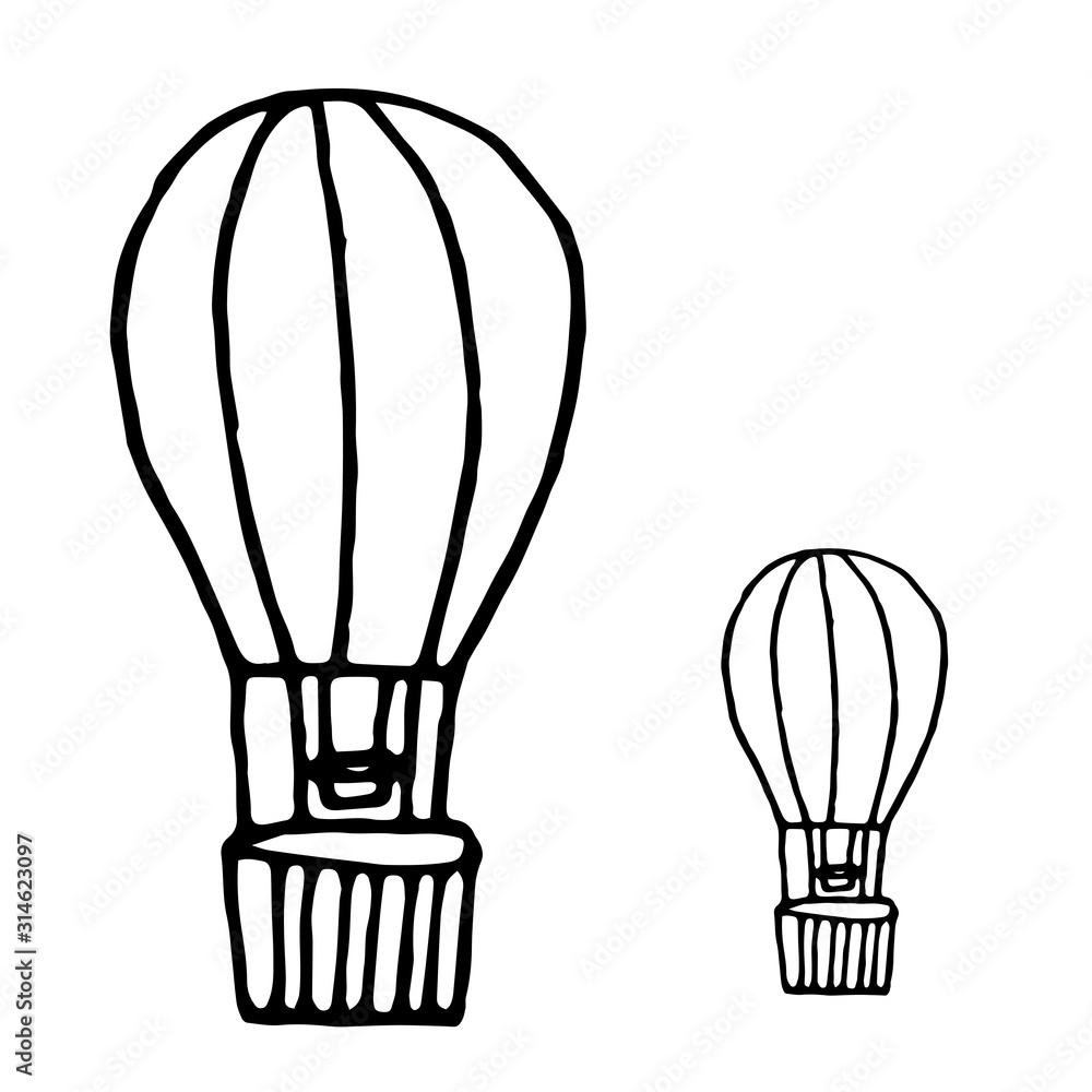 Balloon with basket. Air transport. Attraction hand drawn icon. Vector illustration Balloon with basket. Air transport. Attraction hand drawn icon. Vector illustration