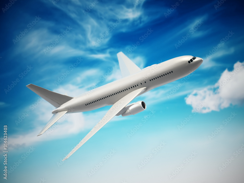 Airplane in the cloudy sky. 3D illustration