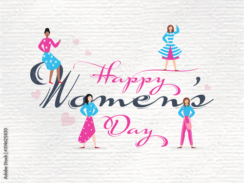 Calligraphy Font Text Happy Women s Day with Different Pose of Strong Young Lady on Gray Wrinkled Texture Background in Flat Style.