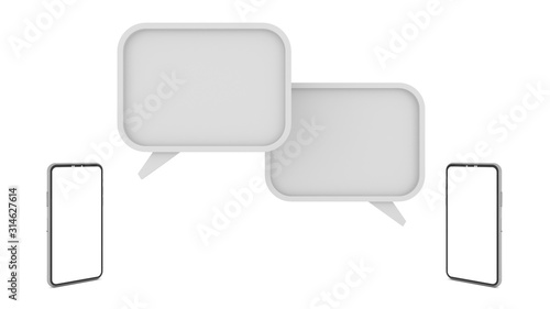 Smartphone white screen facing each other and above, there is white space for written messages and For chatting and adding text. Isolated on the White background, illustration,3D rendering.