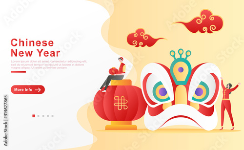 Vector illustration chinese new year. a man sits with a lantern on top of a giant lantern and a woman who is happy because of the lion head sculpture she made. 2 red china clouds. Flat cartoon style