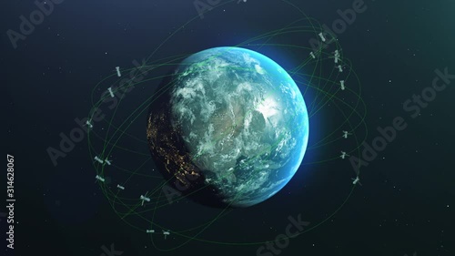 Space satellites fly around the earth. Modern GPS navigation technology. photo