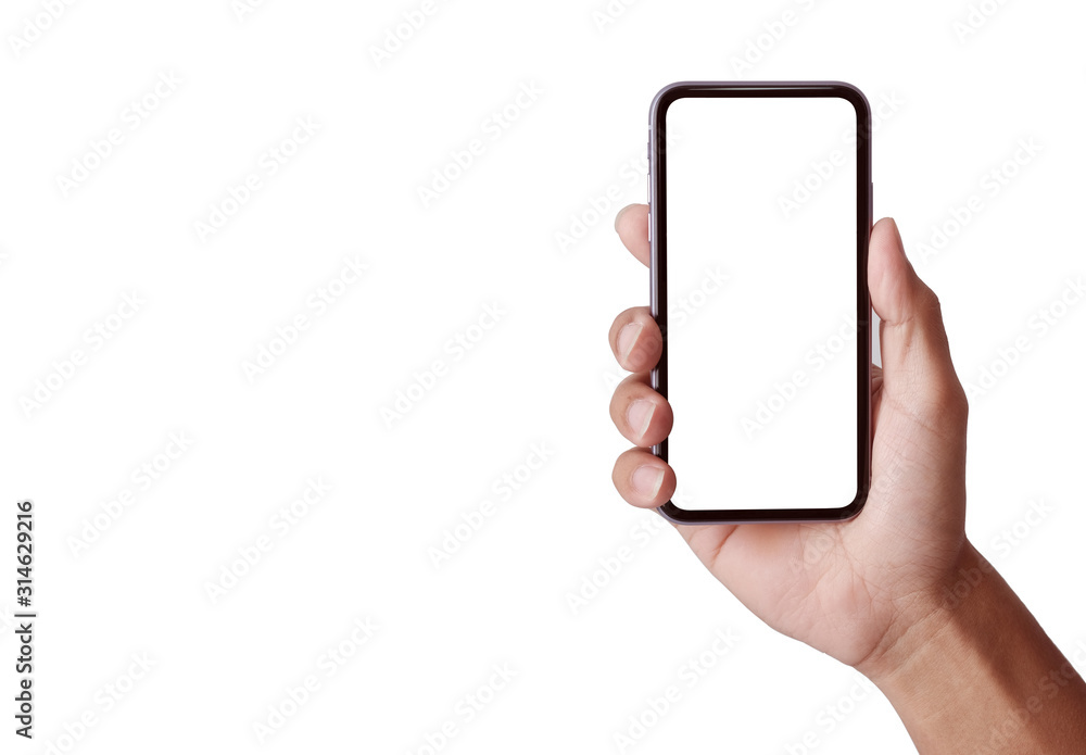 Hand holding the black smartphone iphone with blank screen and modern frameless design in two rotated perspective positions - isolated on white background  - Clipping Path 