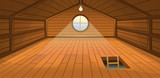 The wooden attic interior with a window and stairs. Vector cartoon illustration.