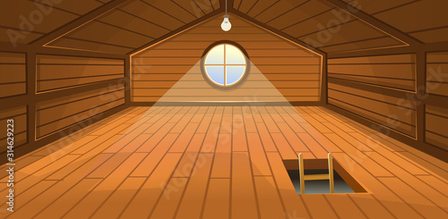 The wooden attic interior with a window and stairs. Vector cartoon illustration.