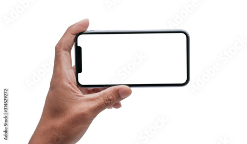 Hand holding Smartphone pro with white screen and modern design - isolated the black on white background for your web site design, logo, app - include clipping path.
