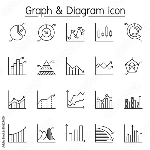 Graph, diagram & chart icon set in thin line style