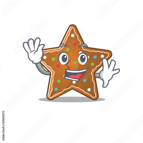 Waving friendly gingerbread star cartoon character design