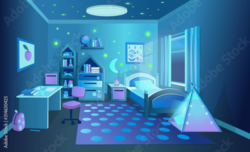 Cozy children's room with toys at night. Vector illustration in cartoon style.