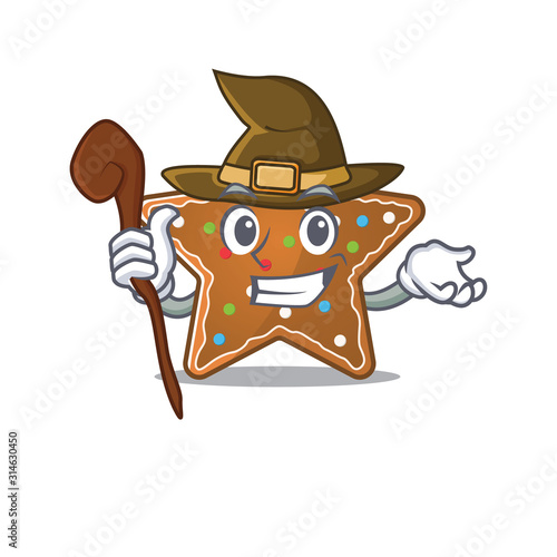cartoon mascot style of gingerbread star dressed as a witch