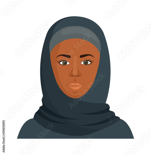 Dark-skinned Muslim woman in hijab. Young african girl in traditional islamic headdress. Vector avatar in cartoon style.