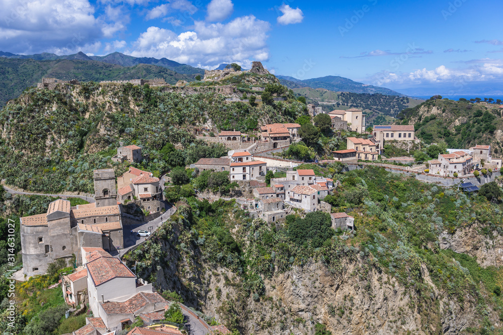 Aerial view with remains of Pentefur castle on hill in Savoca village on Sicily, Italy