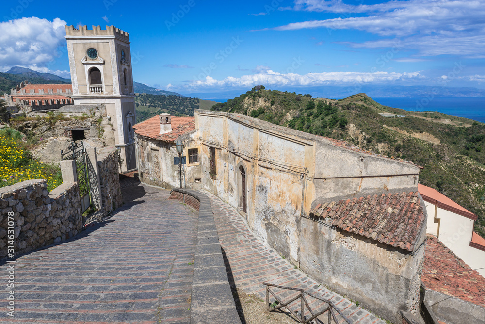 Tower of Saint Nicholas Church also called Saint Lucy Church in Savoca, small town on Sicily in Italy
