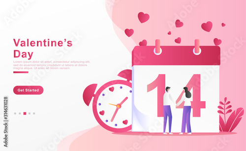 Vector illustration valentine. happy lovers holding hands in front of the February 14 calendar  alarm clock  and love heart shaped clouds  plants. for banner  ads  landing page  ux. Flat cartoon style