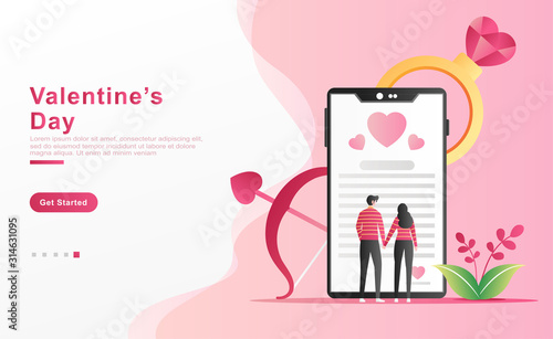 Vector illustration valentine. a man proposes his lover by reading a love letter through a smartphone while holding hands, ring diamonds shape of hearts, plants. for banner, ui ux. flat cartoon style