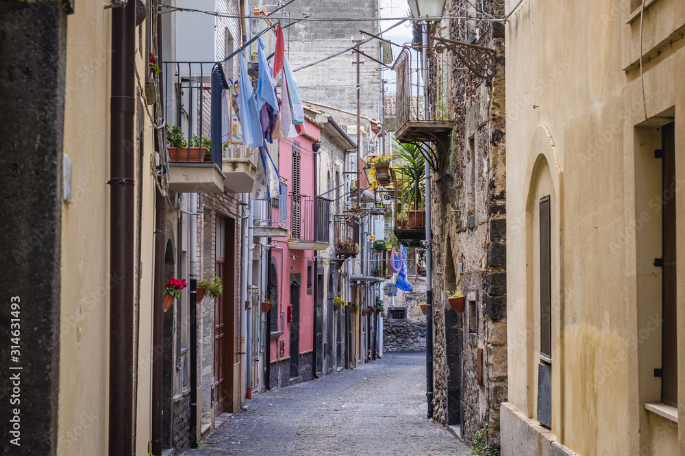 Street located in historic part of Randazzo city on Sicily Island in Italy