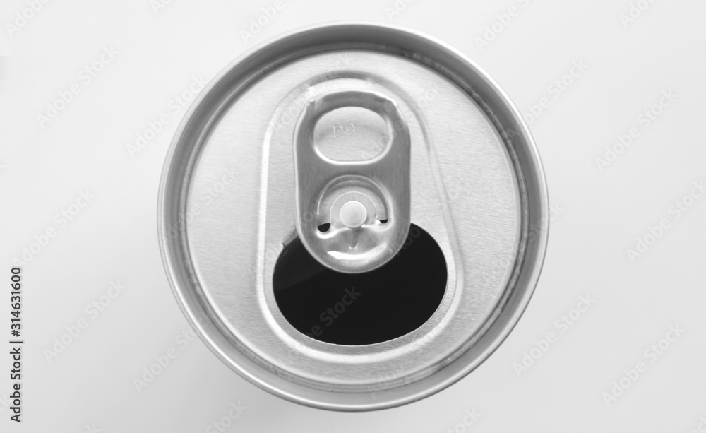 Close up of aluminum can on a top view, soda can white and black. Open can. Close up of aluminum can on a top view, soda can white and black. Open can.