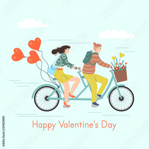 Happy Valentine's Day. Man and woman riding a tandem bike. Cute vector illustration in flat cartoon style.