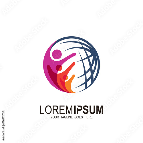 Globe icon design template, Vector world and people logo combination. Earth and family symbol or icon