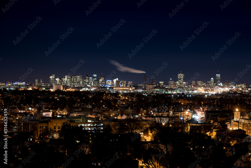 Boston City Skyline from Malden at Night