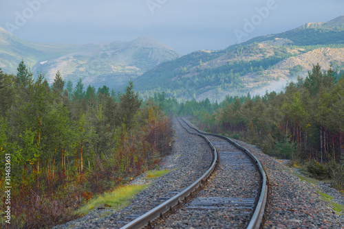 Misty summer morning in the Polar Urals. Section of the Vorkuta-Labytnangi railway, Russia