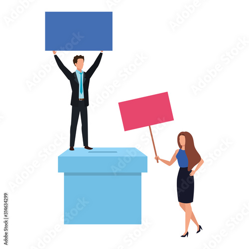 business couple with ballot box isolated icon vector illustration design