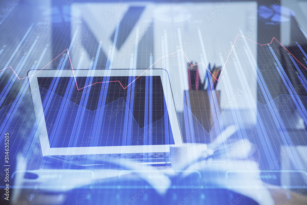 Multi exposure of forex graph and work space with computer. Concept of international online trading. Multi exposure of forex graph and work space with computer. Concept of international online trading.