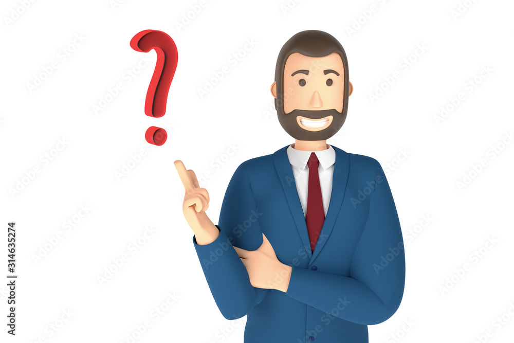 Cartoon character, businessman in suit with pointing finger at an question mark. Question mark concept icon. 3d rendering Cartoon character, businessman in suit with pointing finger at an question mark. Question mark concept icon. 3d rendering