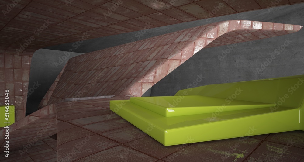 Fototapeta premium Abstract architectural concrete and rusted metal interior of a minimalist house with swimming pool and large window. 3D illustration and rendering.