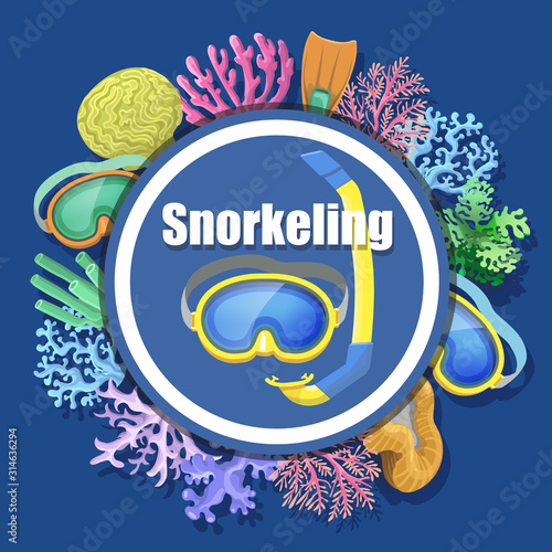 Snorkel, flippers, scuba diving mask and tube. Snorkeling diving equipment objects on poster. Underwater swimming banner advertising Vector