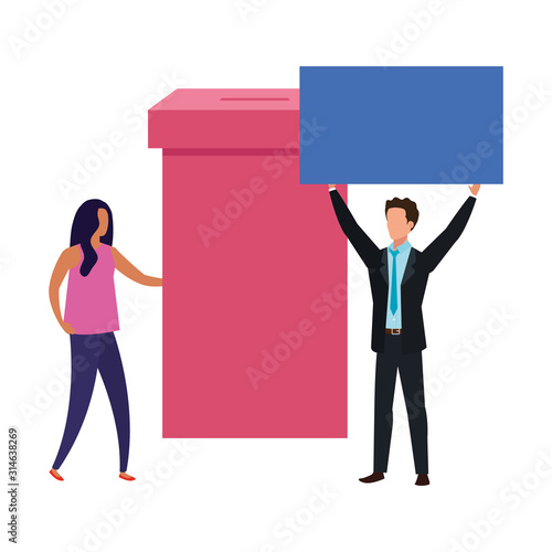 business couple with ballot box isolated icon vector illustration design