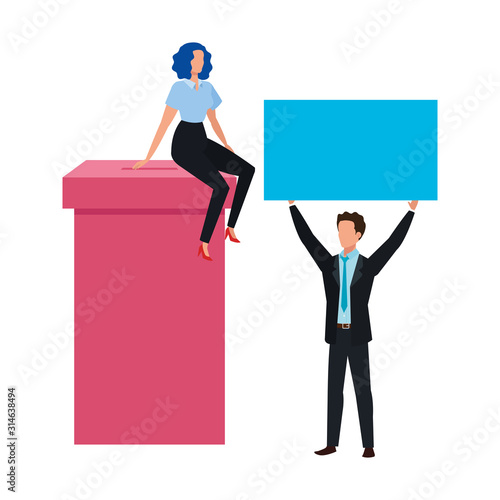 business couple with ballot box isolated icon vector illustration design