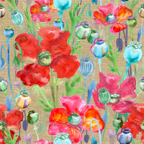Fototapeta Naklejka Na Ścianę i Meble -  poppy pattern watercolor