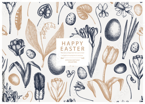 Easter seamless pattern. With spring flowers, bird feathers, eggs and floral elements. Hand drawn botanical illustrations. Spring plants sketches. Vector Easter invitation or greeting card template.