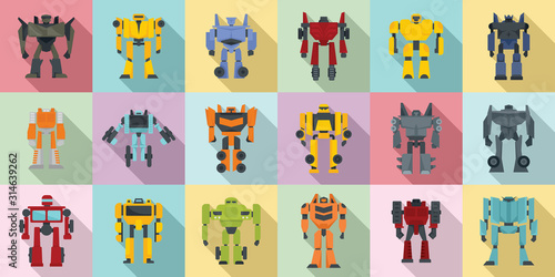 Robot-transformer icons set. Flat set of robot-transformer vector icons for web design photo