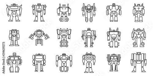 Futuristic robot-transformer icons set. Outline set of futuristic robot-transformer vector icons for web design isolated on white background