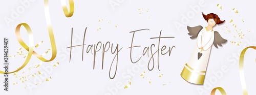 Easter banner. Horizontal poster, postcard, website headers, background with text happy easter. Angel on a light background. Elegant Design with realistic objects.