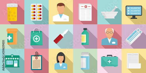 Pharmacist icons set. Flat set of pharmacist vector icons for web design