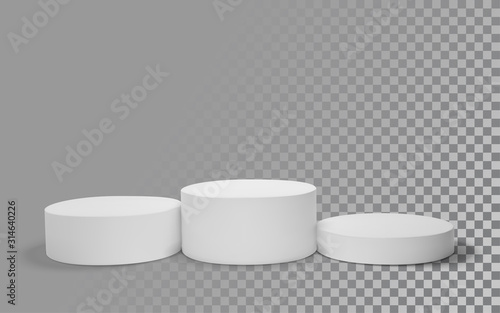 White winners podium 3D render. Awarding of winners of sports competitions. Round realistic pedestal. Vector illustration.