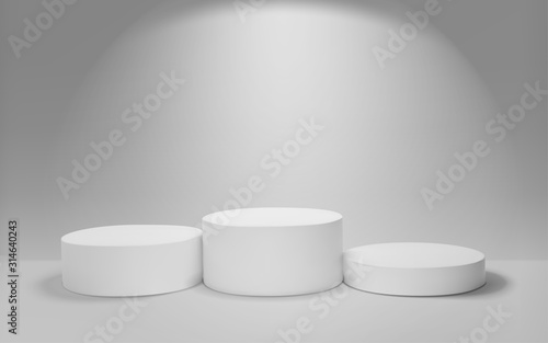 White winners podium 3D render. Awarding of winners of sports competitions. Round realistic pedestal. Vector illustration.