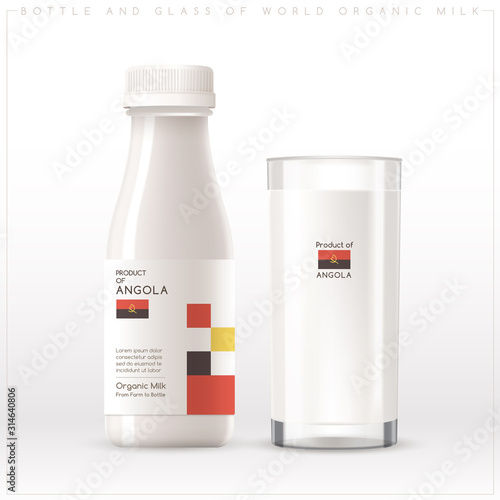 Bottle and glass of world organic milk with geometrical pattern on the label isolated on white background : Vector Illustration