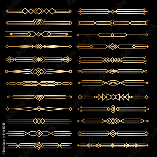 Golden art deco divider, retro arts border, decorative ornaments and golden dividers borders, minimal elegant golden ornament frame for wedding invitation card. Vector design isolated icons set