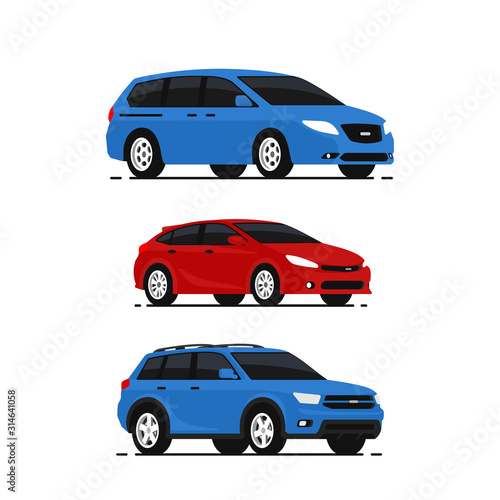 Hhatchback cars vector illustrations set. Vehicles transport. Collection auto Icons in flat style. Pictograms isolated on white background.